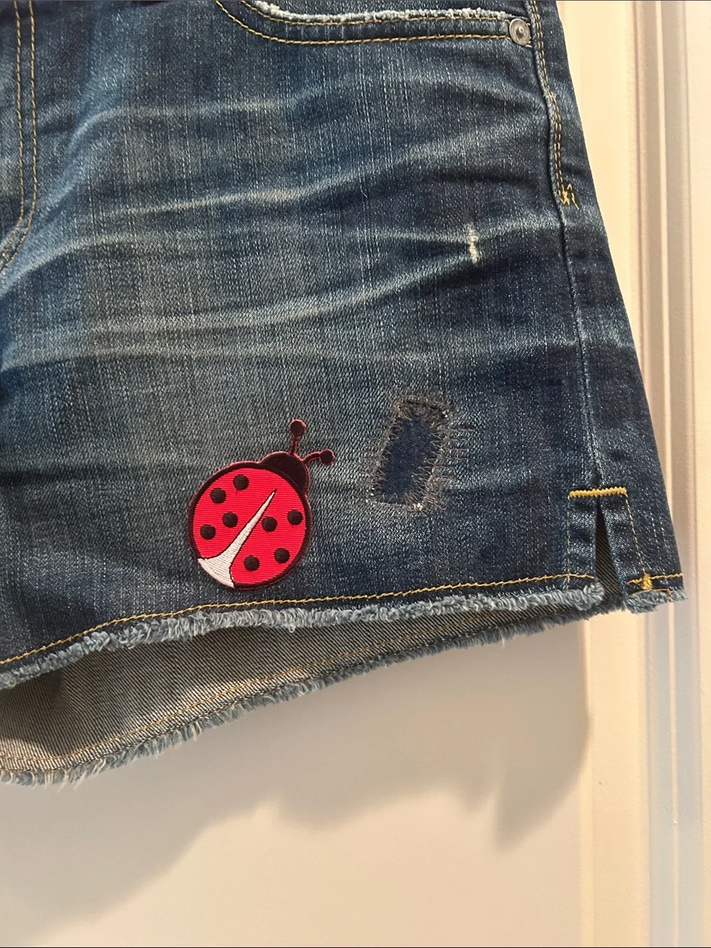 Ag Adriano Goldschmied Blue Denim Shorts with Rainbow and Ladybug Patches - Picture 4 of 11